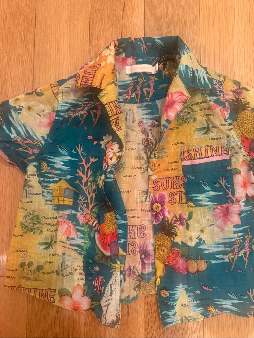 Zimmermann Kids Tropical Button-Down Shirt in Teal and Yellow